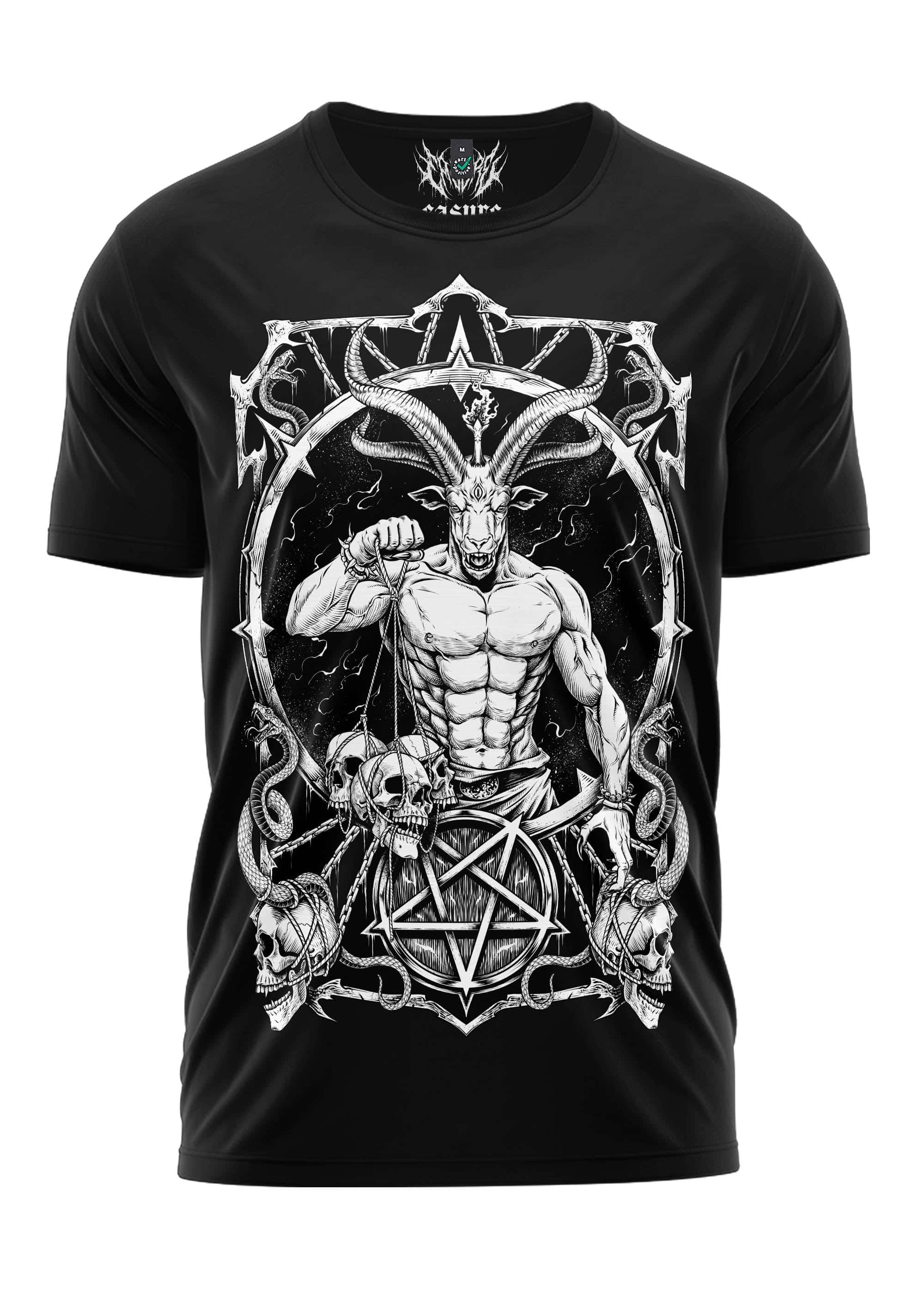 Schwarzes kurzarmshirt master of darkness mit gothic horror grafik eines muskulösen ziegenkopfes mit hörnern, schädeln und pentagrammen